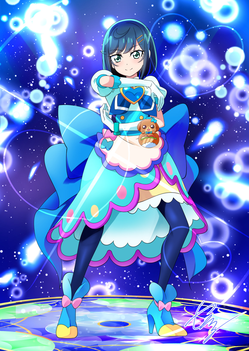 1girl, absurdres, ankle_boots, aqua_eyes, artist_name, back_bow, blue_boots, blue_bow