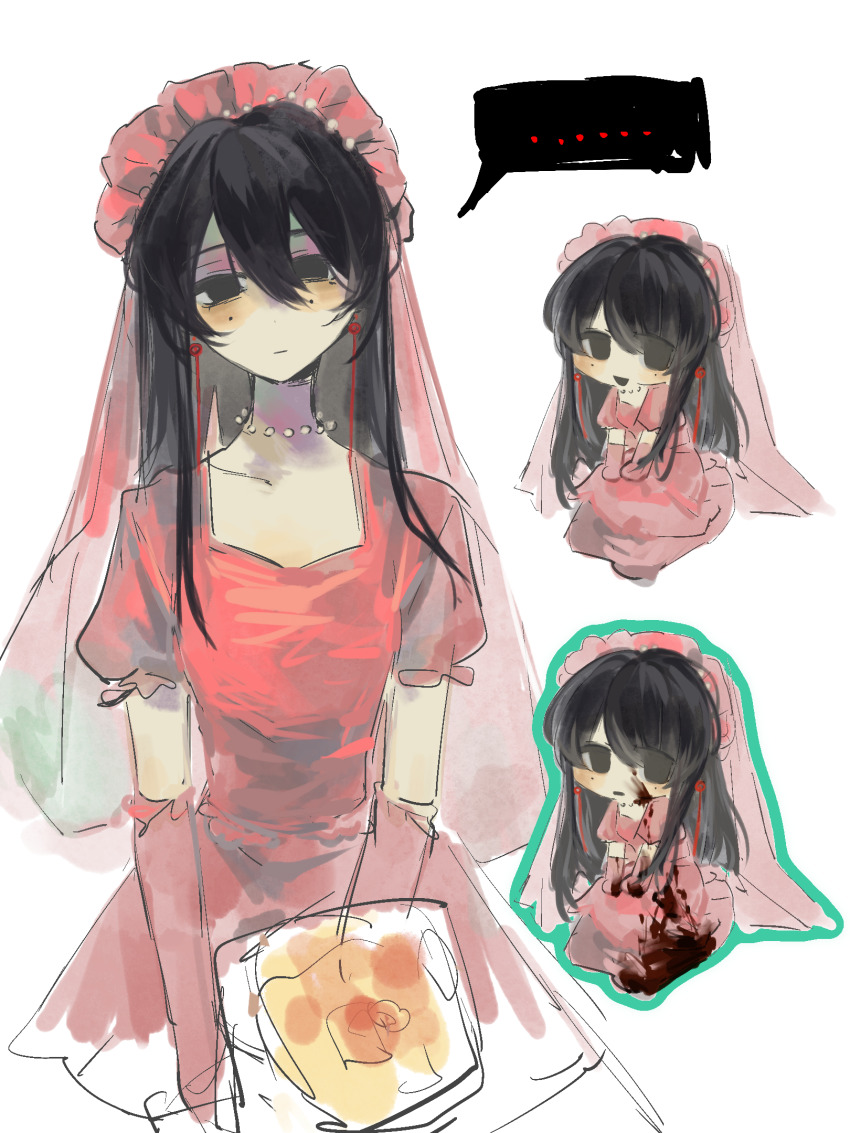 ..., baozaolaoyan, black_eyes, black_hair, blood, blood_on_clothes, blood_on_face, bridal_veil