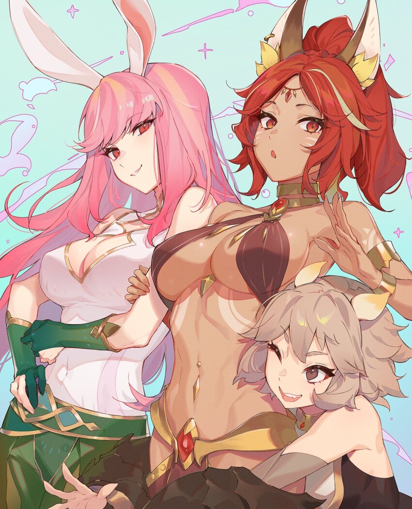 3girls, afk_(series), afk_journey, alsa_(afk), animal_ears, arabian_clothes, armlet, bracelet, breasts, center_opening, cleavage, cleavage_cutout, clothing_cutout, fox_ears, gloves, gold_armlet, gold_bracelet, gradient_background, highres, jewelry, kumo_sheep, lyca_(afk), medium_breasts, multicolored_hair, multiple_girls, navel, partially_fingerless_gloves, pink_hair, rabbit_ears, red_eyes, red_hair, satrana_(afk), simple_background