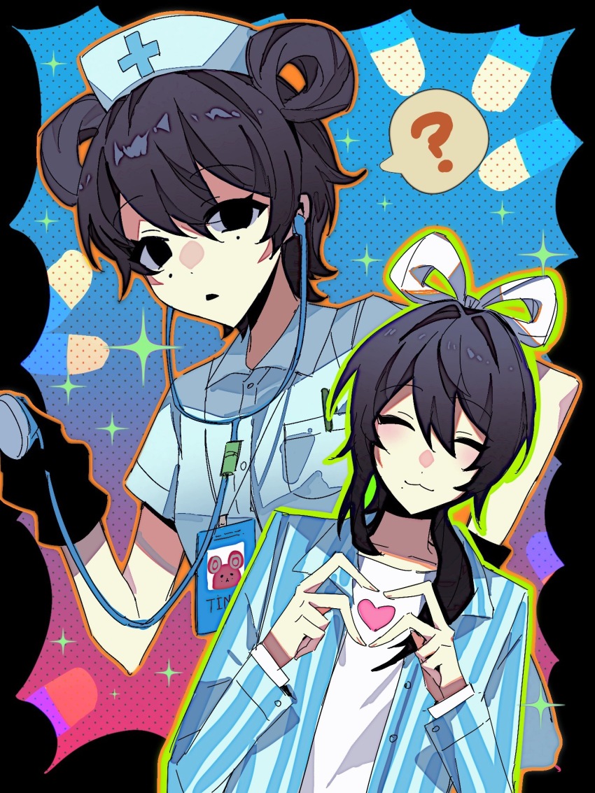 1boy, 1girl, :3, ?, alternate_costume, black_gloves, blue_hat, blue_shirt