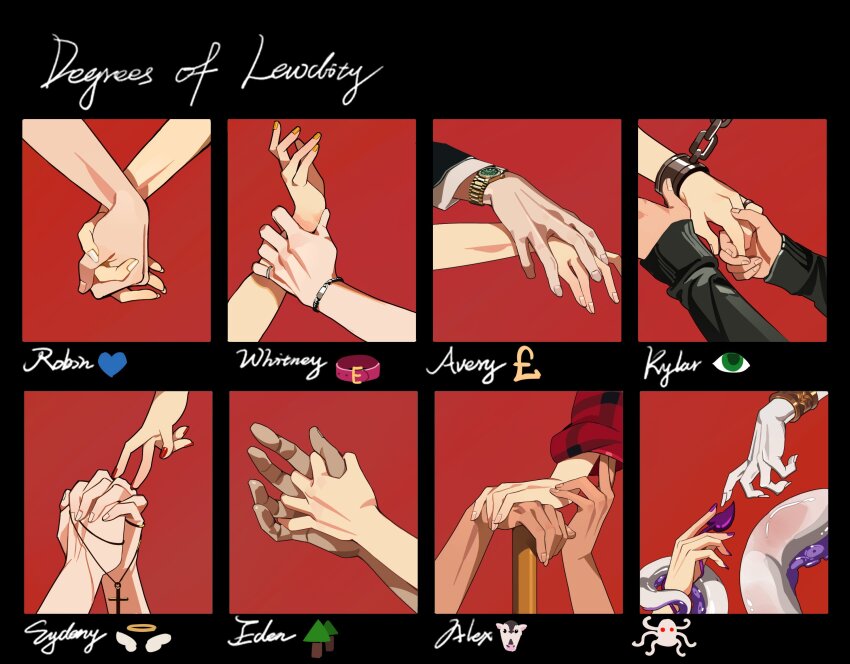 1girl, 1other, 6+boys, alex_(degrees_of_lewdity), avery_(degrees_of_lewdity), bracelet, cross, cross_necklace, cuffs, degrees_of_lewdity, eden_(degrees_of_lewdity), handcuffs, heart, highres, holding_another's_wrist, holding_hands, ivory_wraith, jewelry, kylar_(degrees_of_lewdity), lou_xiaotiao, multiple_boys, necklace, own_hands_clasped, own_hands_together, pale_skin, plaid_clothes, plaid_shirt, player_character_(degrees_of_lewdity), red_background, red_nails, robin_(degrees_of_lewdity), rosary, shirt, simple_background, sydney_(degrees_of_lewdity), tan, tentacles, watch, whitney_(degrees_of_lewdity), wristwatch, yellow_nails