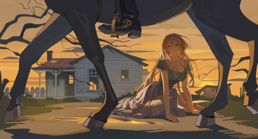 1boy, 1girl, absurdres, black_footwear, black_pants, blonde_hair, blue_eyes, breasts