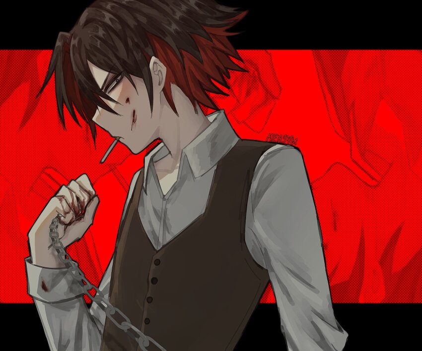 1boy, bags_under_eyes, black_border, black_eyes, blood, blood_on_face, blood_on_hands, border