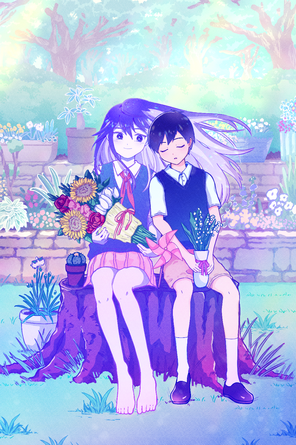 1boy, 1girl, barefoot, black_footwear, black_hair, black_sweater_vest, bouquet, brown_shorts, cactus, castella_(castellatape), closed_mouth, collared_shirt, colored_skin, day, egret_orchid, flower, forest, highres, holding, holding_bouquet, long_hair, looking_at_another, mari_(headspace)_(omori), mari_(omori), nature, neckerchief, omori, outdoors, pinwheel, plant, planter, potted_plant, purple_eyes, purple_hair, red_flower, red_neckerchief, red_rose, rose, shirt, short_sleeves, shorts, sitting, on_tree_stump, smile, socks, sunflower, sunny_(omori), sweater_vest, tree, tree_stump, tulip, vase, white_shirt, white_skin, white_socks