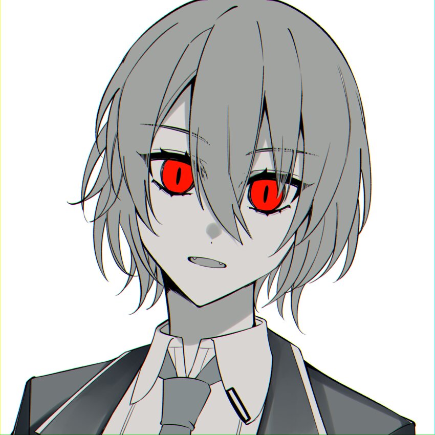 1girl, absurdres, coat, collared_shirt, don_quixote_(project_moon), fangs, greyscale, highres