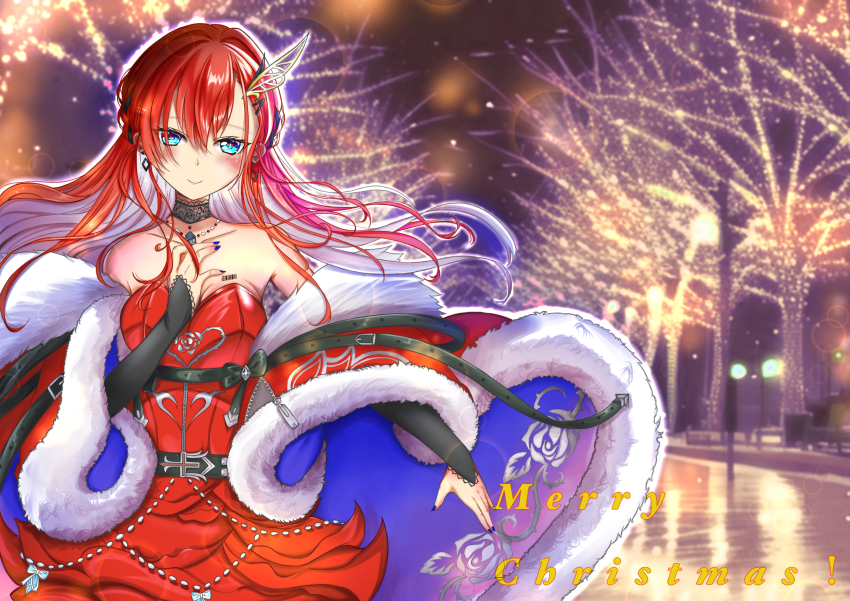 1girl, absurdres, belt, blue_eyes, choker, christmas, dress, elbow_gloves