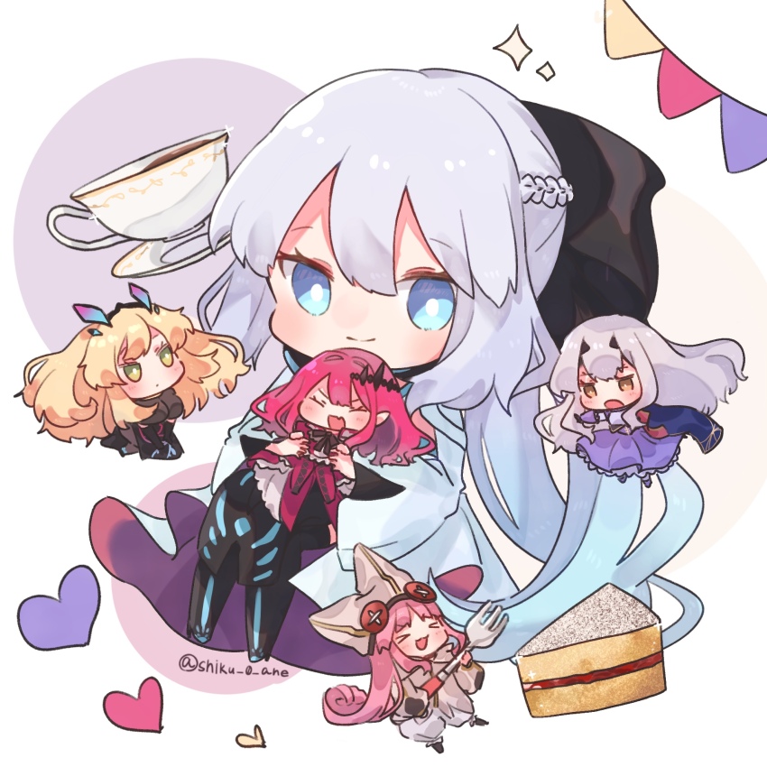 >_<, 5girls, baobhan_sith_(fate), baobhan_sith_(first_ascension)_(fate), barghest_(fate), barghest_(second_ascension)_(fate), black_dress, blonde_hair