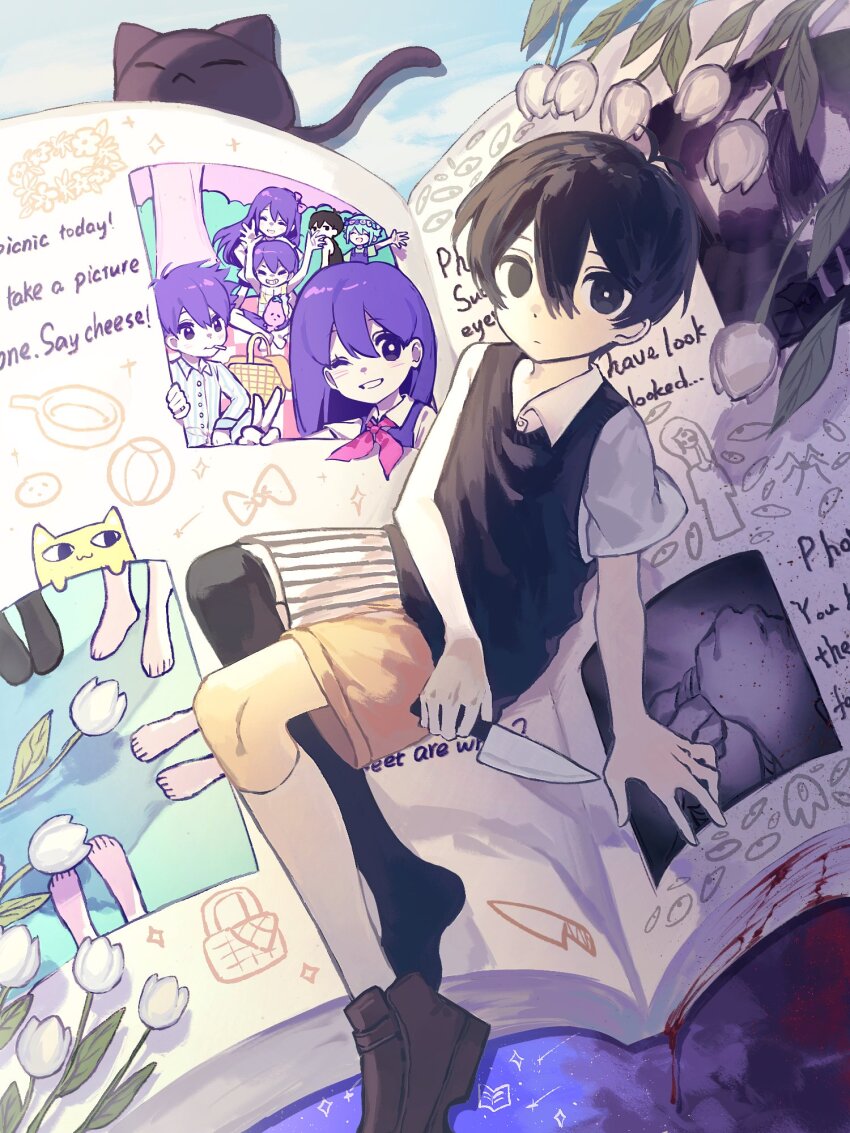 1boy, animal, antenna_hair, arm_support, asymmetrical_legwear, aubrey_(headspace)_(omori), aubrey_(omori), basil_(headspace)_(omori)