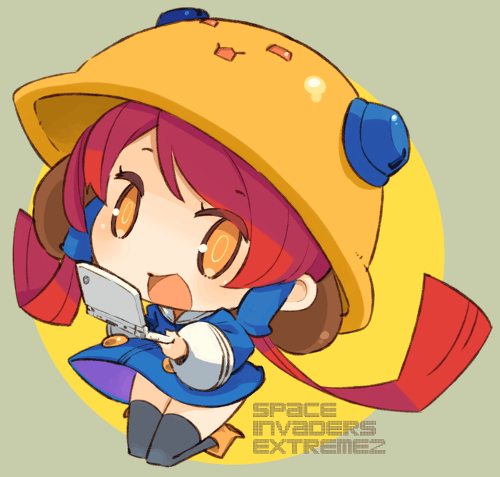 1girl, black_thighhighs, boots, chibi, female_focus, handheld_game_console, hat, mota, nintendo_ds, open_mouth, orange_eyes, red_hair, solo, space_invaders, space_invaders_extreme_2, thighhighs, twintails, ufo-co, zettai_ryouiki
