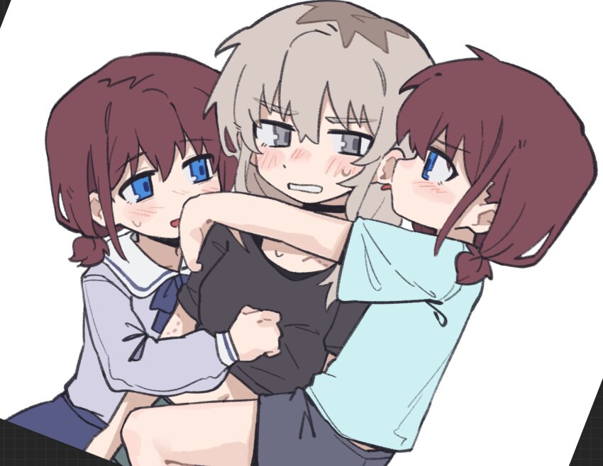 3girls, bite_mark, bite_mark_on_arm, bite_mark_on_chest, black_choker, black_shirt, black_skirt, blue_eyes