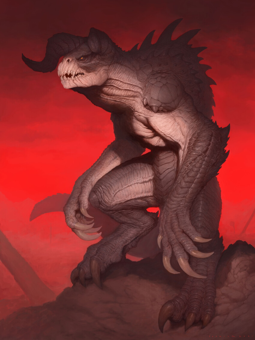 absurdres, animal_focus, artist_name, claws, commentary, curled_horns, deathclaw, english_commentary, fallout, full_body, highres, horns, john_tedrick, monster, no_humans, realistic, sharp_teeth, signature, solo, tail, teeth, yellow_eyes