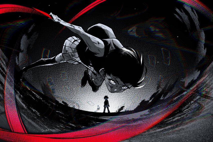 2boys, black_hair, black_tank_top, black_thighhighs, closed_mouth, colored_skin, door, expressionless