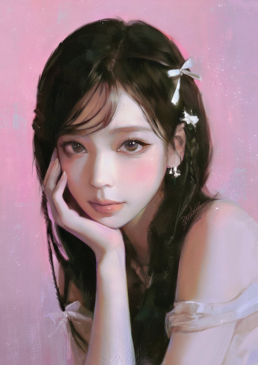 1girl, absurdres, aespa, blush, bow, brown_hair, devilzong, dress, east_asian, grey_bow, hair_bow, hand_on_own_chin, highres, k-pop, karina_(aespa), light_smile, long_hair, looking_at_viewer, off_shoulder, pink_background, pink_lips, real_life, realistic, solo, white_dress