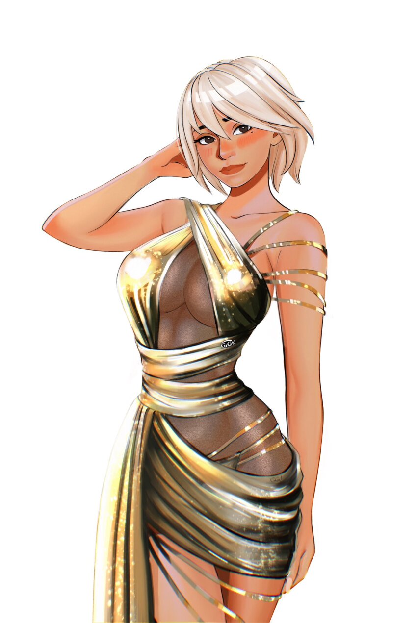 1girl, alternate_costume, aphrodite_(fortnite), black_eyes, blonde_hair, blush, bodystocking, collarbone