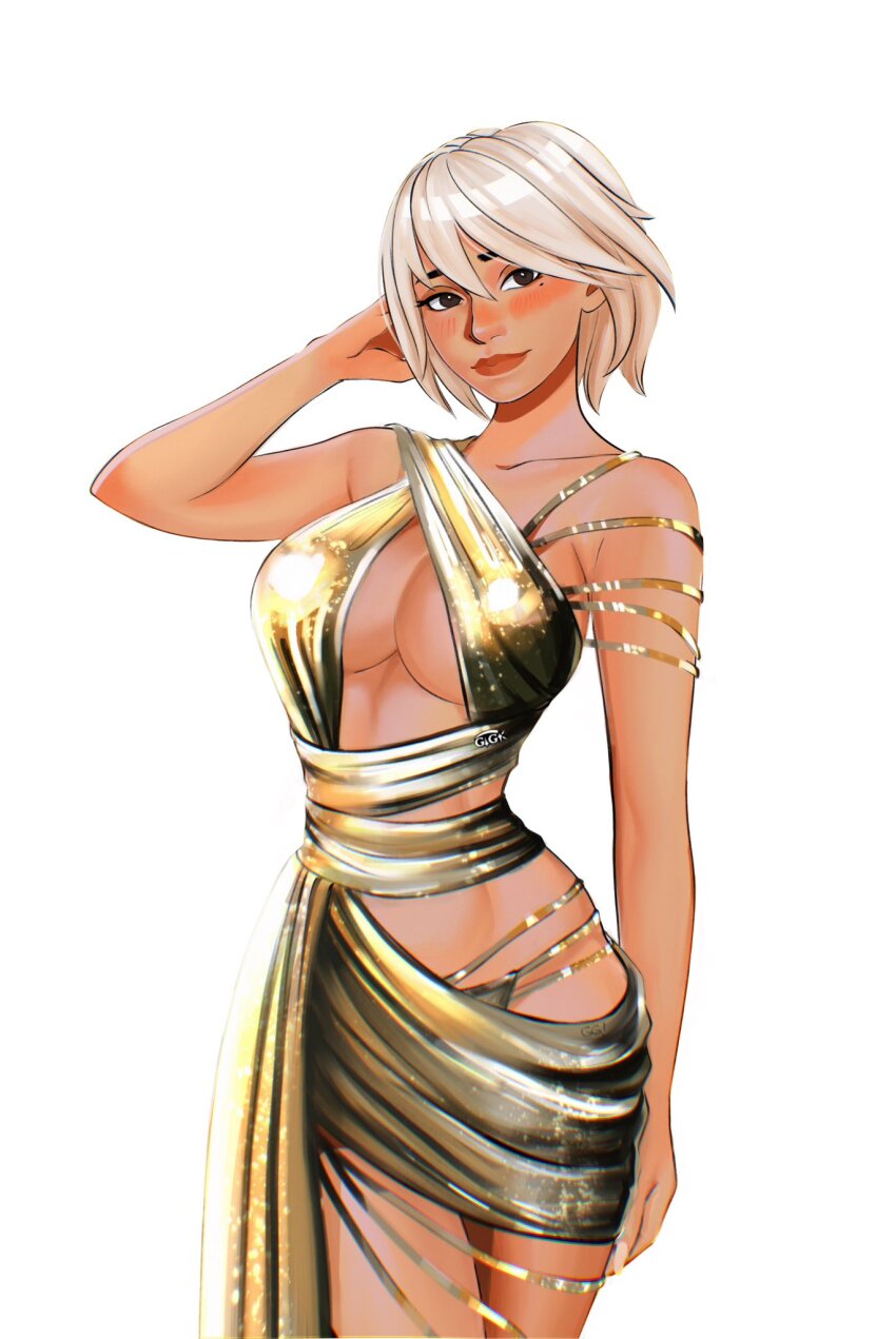 1girl, alternate_costume, aphrodite_(fortnite), black_eyes, blonde_hair, blush, breasts, cleavage, collarbone, cowboy_shot, crossed_legs, dress, embarrassed, fortnite, gigis_lab, glowing, gold_dress, hand_on_own_head, head_tilt, highres, katlyne_dress, looking_at_viewer, red_lips, short_hair, simple_background, solo, white_background