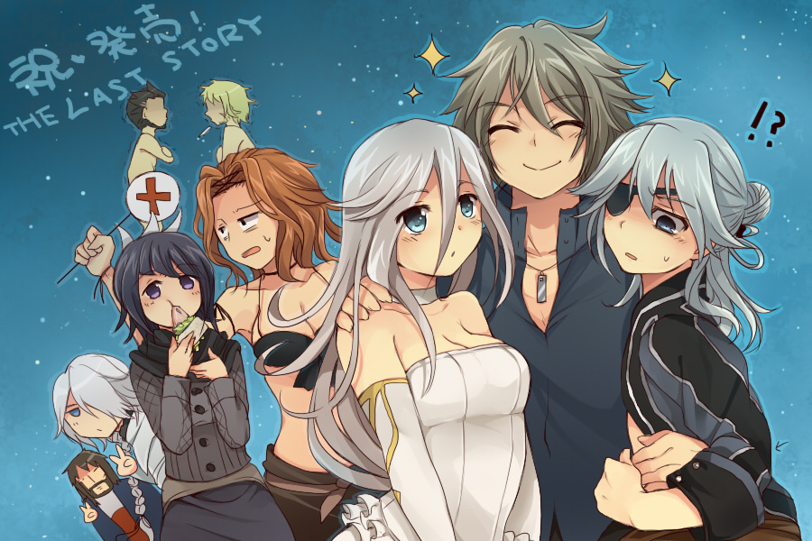 !?, 3girls, 6+boys, aq_interactive, bare_shoulders, beard, black_hair, blonde_hair