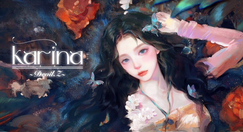 1girl, absurdres, aespa, artist_name, blue_butterfly, blue_eyes, blush, bug