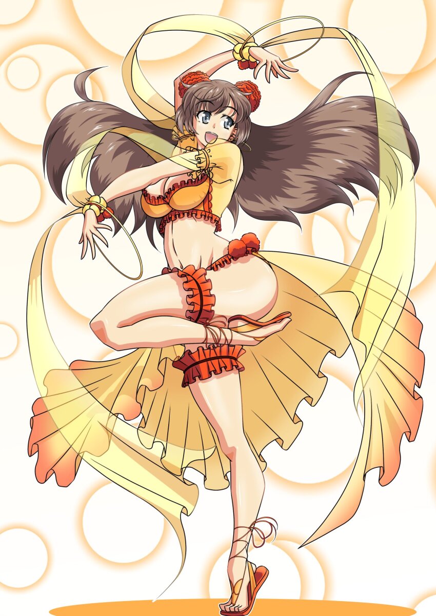 1girl, bell, blue_eyes, breasts, brown_hair, bubble_background, commentary, dancing