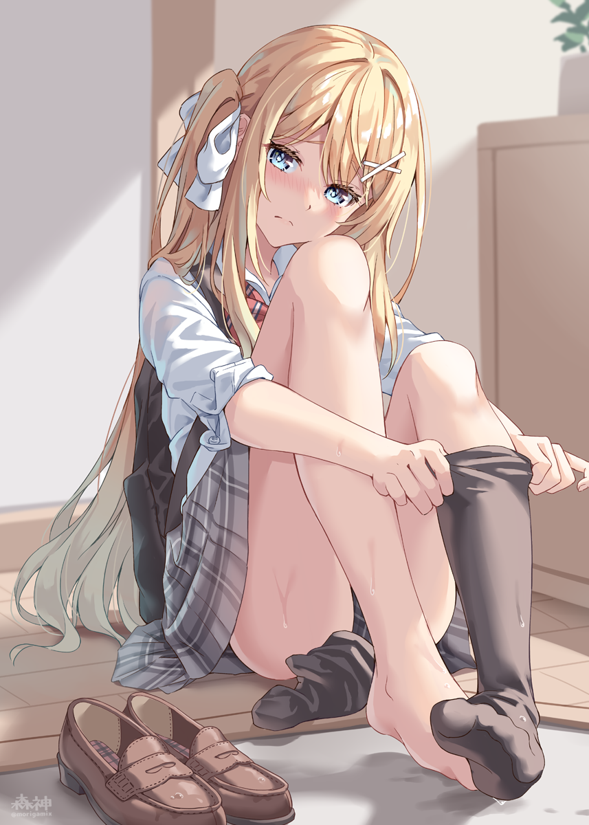 1girl, backpack, bag, black_socks, blonde_hair, blue_eyes, blush, collared_shirt