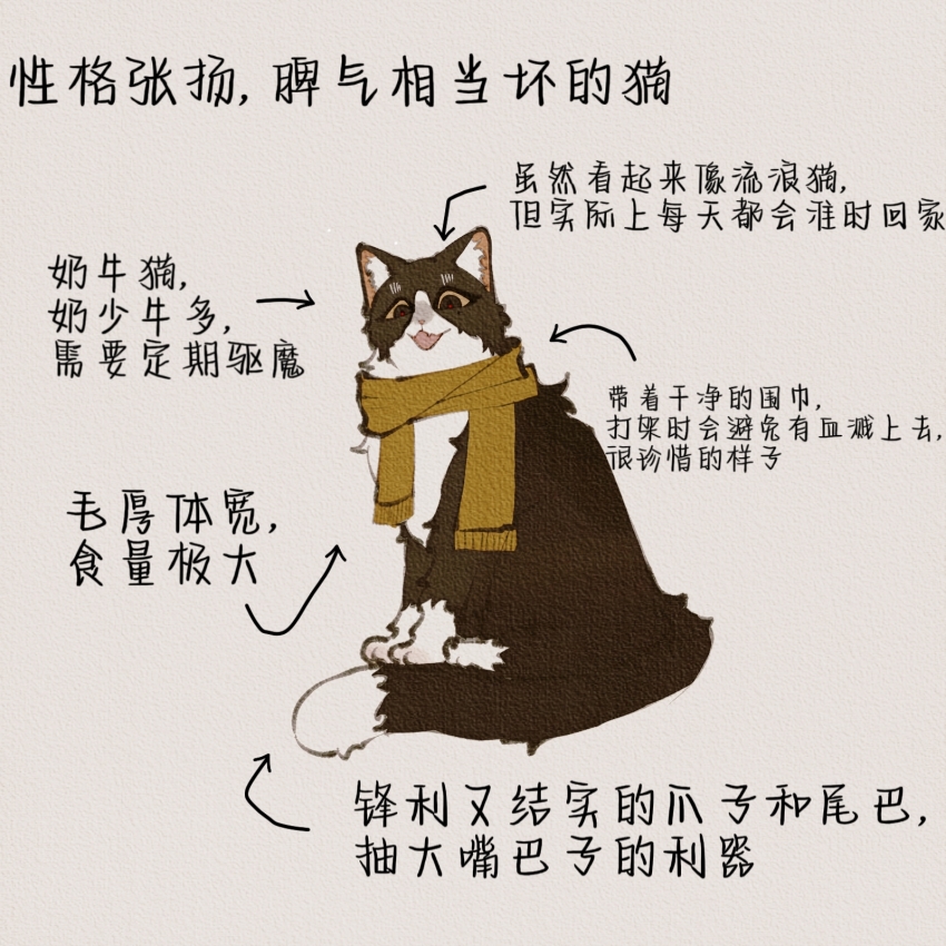 animal_focus, animalization, cat, chinese_commentary, chinese_text, commentary_request, highres, kaishui_zhudan, no_humans, open_mouth, scarf, simple_background, tagme, touqi_guaitan, translation_request, tuxedo_cat, white_background, yellow_scarf, ziche_fuzhao