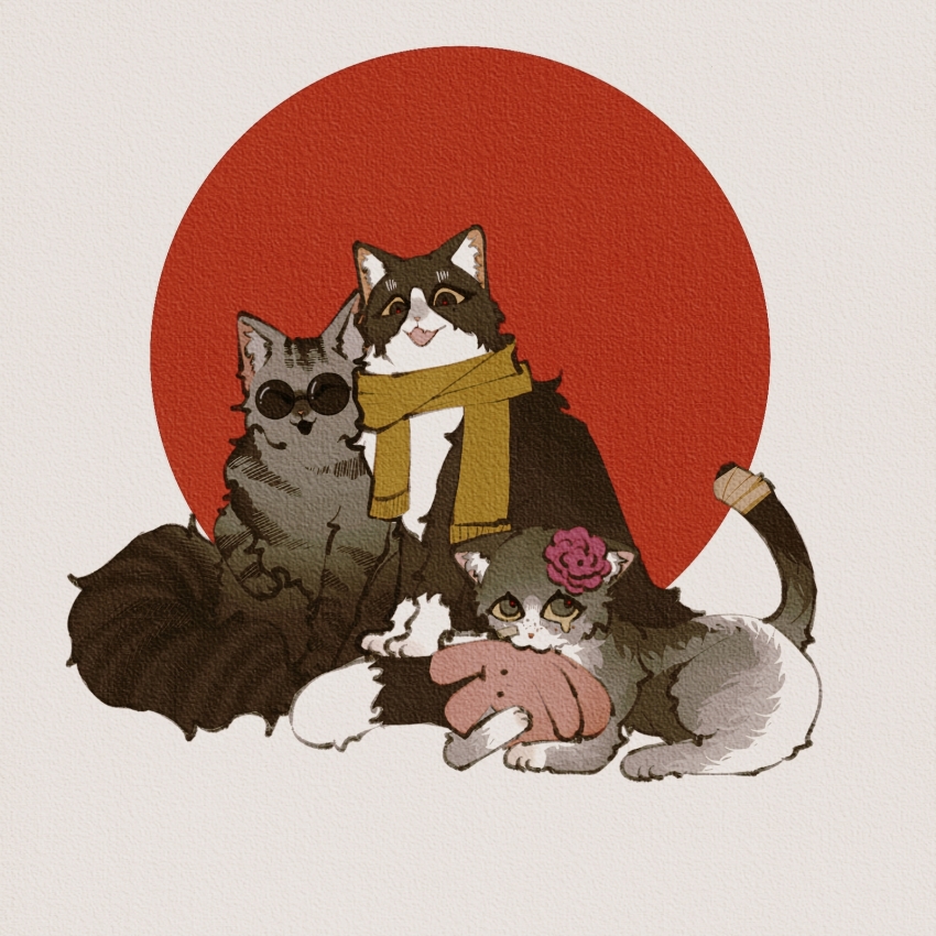 animal_focus, animalization, bandaged_tail, cat, chinese_commentary, closed_eyes, commentary_request, flower, fu_shun_(touqi_guaitan), grey_cat, highres, kaishui_zhudan, lu_mi, no_humans, open_mouth, pink_flower, round_eyewear, scarf, stuffed_animal, stuffed_rabbit, stuffed_toy, sunglasses, tabby_cat, teardrop, touqi_guaitan, tuxedo_cat, yellow_scarf, ziche_fuzhao