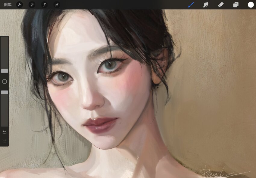 1girl, aespa, art_program_in_frame, black_hair, brown_background, chinese_text, commentary, devilzong