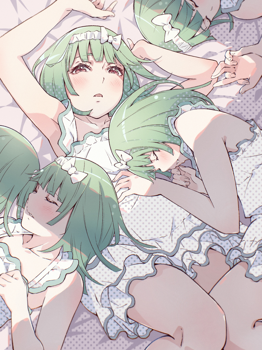 absurdres, arms_up, bare_shoulders, blunt_bangs, blush, bow, camisole, clone