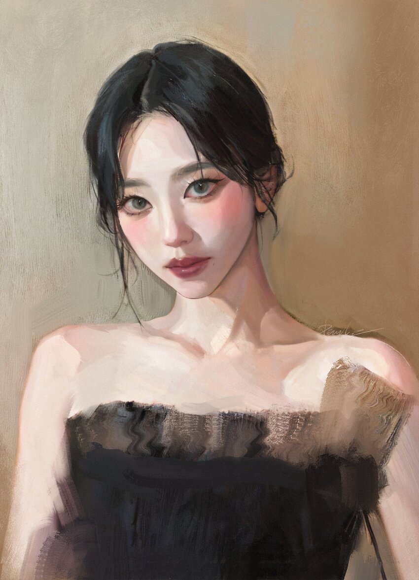 1girl, aespa, bare_shoulders, black_dress, black_hair, brown_background, collarbone, commentary