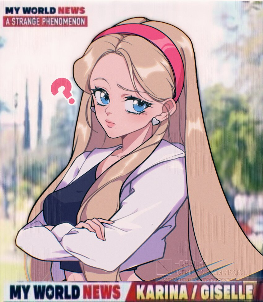 1girl, ?, aespa, animification, black_shirt, blue_eyes, breasts, commentary