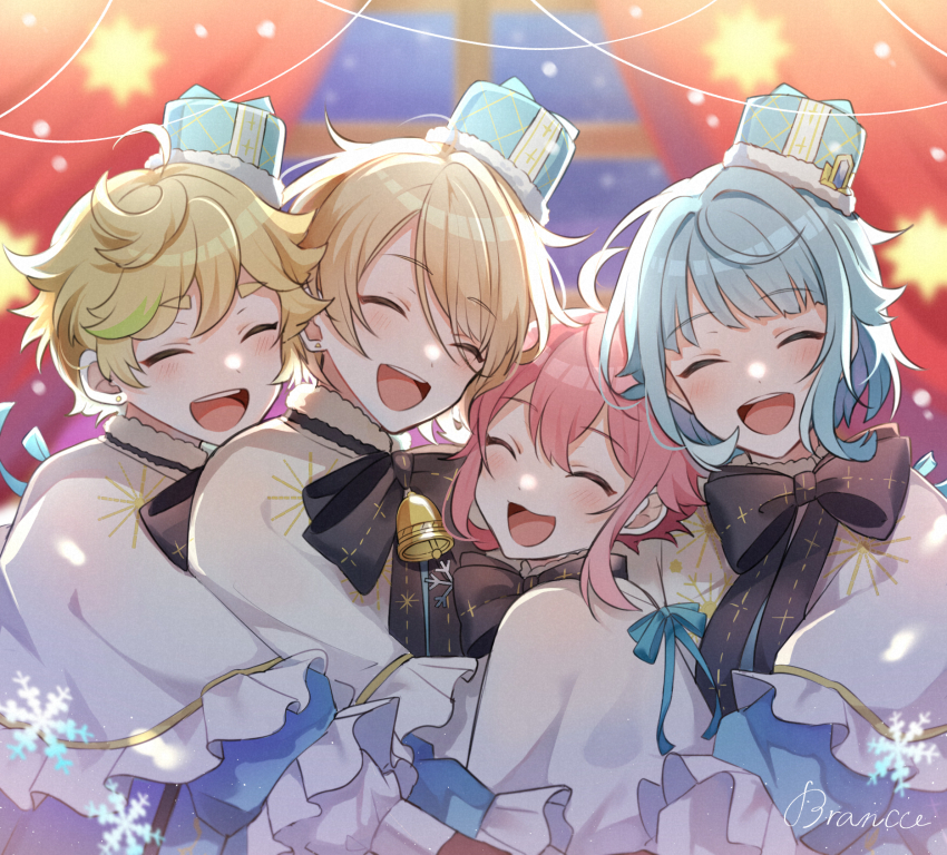 4boys, :d, ^_^, androgynous, backlighting, bishounen, blurry, blurry_background