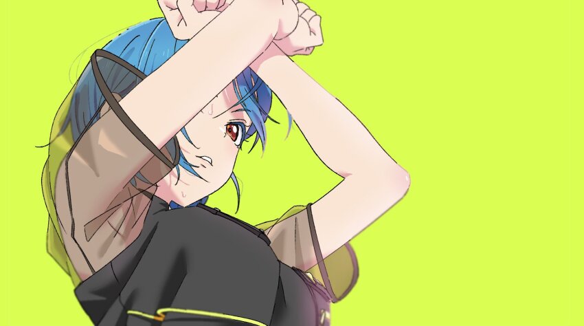 1girl, arm_up, black_jacket, blue_hair, breasts, clenched_hands, fujimiz, jacket