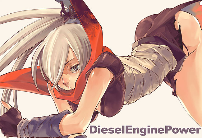 1girl, arm_warmers, assassin, assassin_(ragnarok_online), bad_id, bad_pixiv_id, bandages, blue_eyes, breasts, female_focus, fingerless_gloves, gloves, hair_over_one_eye, kaburaya, no_panties, ponytail, ragnarok_online, short_sleeves, simple_background, solo, torn_clothes, white_hair