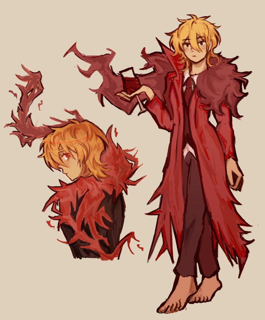 1girl, barefoot, black_pants, black_vest, blonde_hair, coat, collared_shirt, cup, don_quixote_(project_moon), drinking_glass, fur_collar, highres, krauuu003, limbus_company, medium_hair, necktie, pants, project_moon, red_coat, red_eyes, red_necktie, sancho_(project_moon), shirt, simple_background, solo, spoilers, vampire, vest, white_background, white_shirt, wine_glass