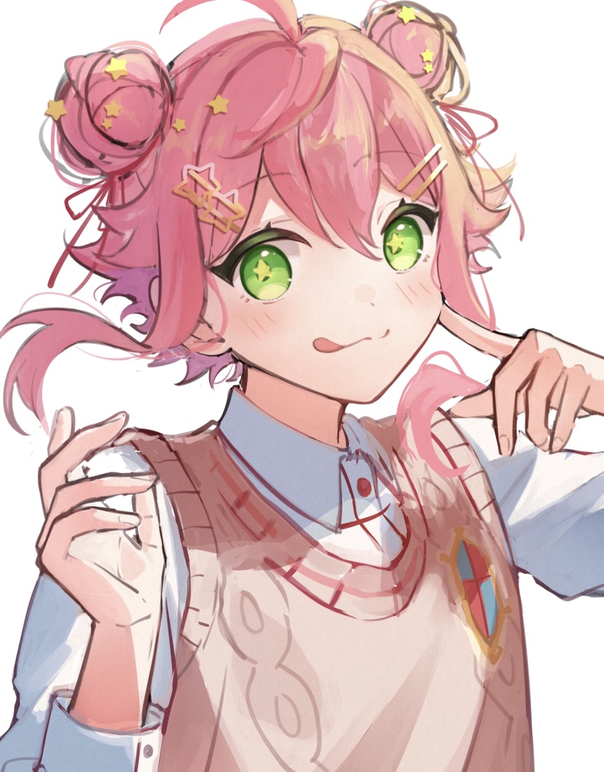 1boy, :q, ahoge, brown_sweater, collared_shirt, double-parted_bangs, double_bun, ensemble_stars!