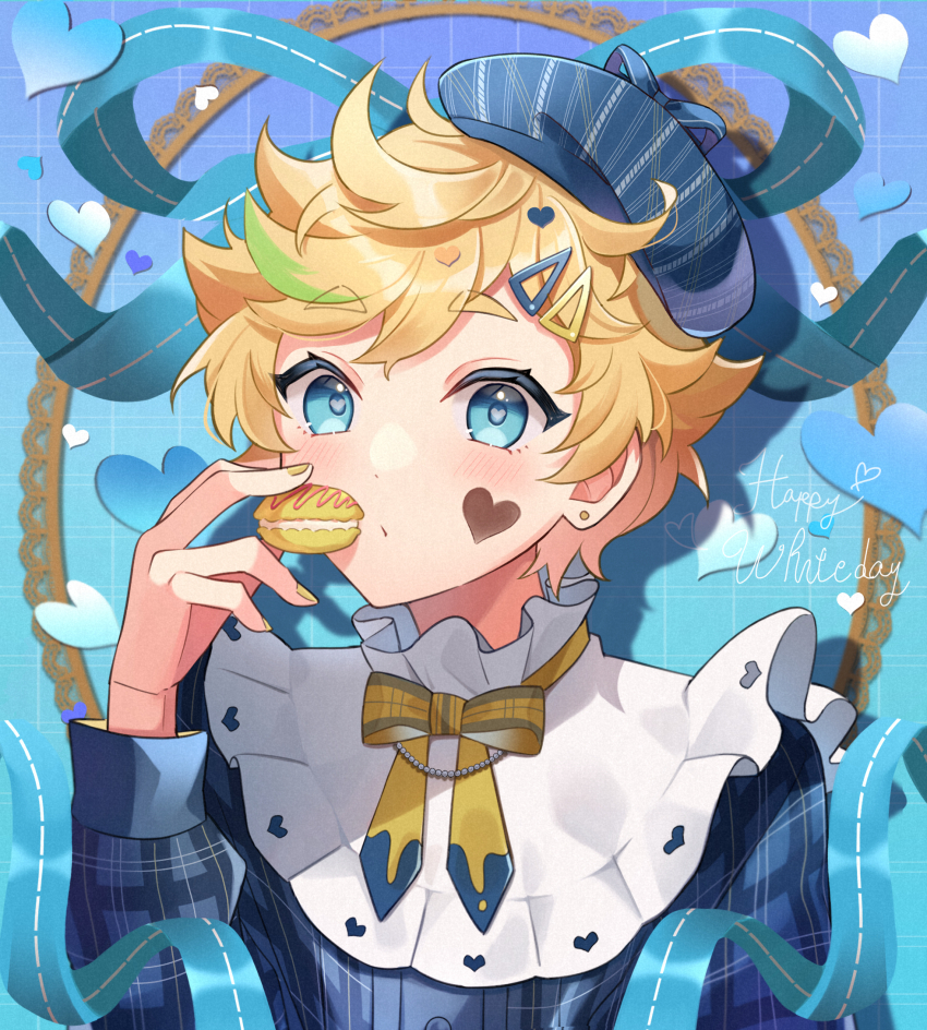 1boy, androgynous, beret, bishounen, blonde_hair, blue_hat, blue_sweater, blush