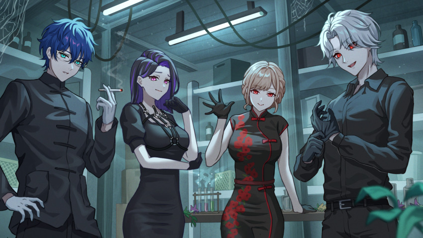 2boys, 2girls, :>, belt, black_belt, black_dress, black_hair, black_pants, black_shirt, blue_eyes, blue_hair, braid, breasts, ceiling_light, china_dress, chinese_clothes, cigarette, crown_braid, dress, enigma_(nijisanji), floral_print, flower, furen_e_lustario, glasses, gloves, group_picture, highres, holding, holding_cigarette, kuzuha_(nijisanji), large_breasts, leather_strap, leos_vincent, light_brown_hair, long_hair, long_sleeves, looking_at_viewer, meloco_kyoran, multicolored_hair, multiple_boys, multiple_girls, nijisanji, nijisanji_en, pants, pink_eyes, purple_flower, purple_hair, red_eyes, shelf, shirt, short_hair, short_sleeves, silk, simoumi_217, smoke, smoking, spider_web, table, two-tone_hair, vial, virtual_youtuber, waving, white_gloves, white_hair