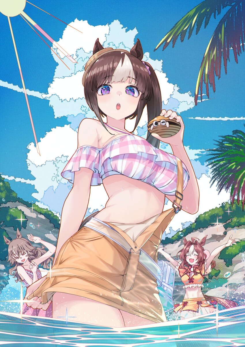 3girls, ;d, animal_ears, bare_shoulders, bead_necklace, beads, bikini, bikini_skirt