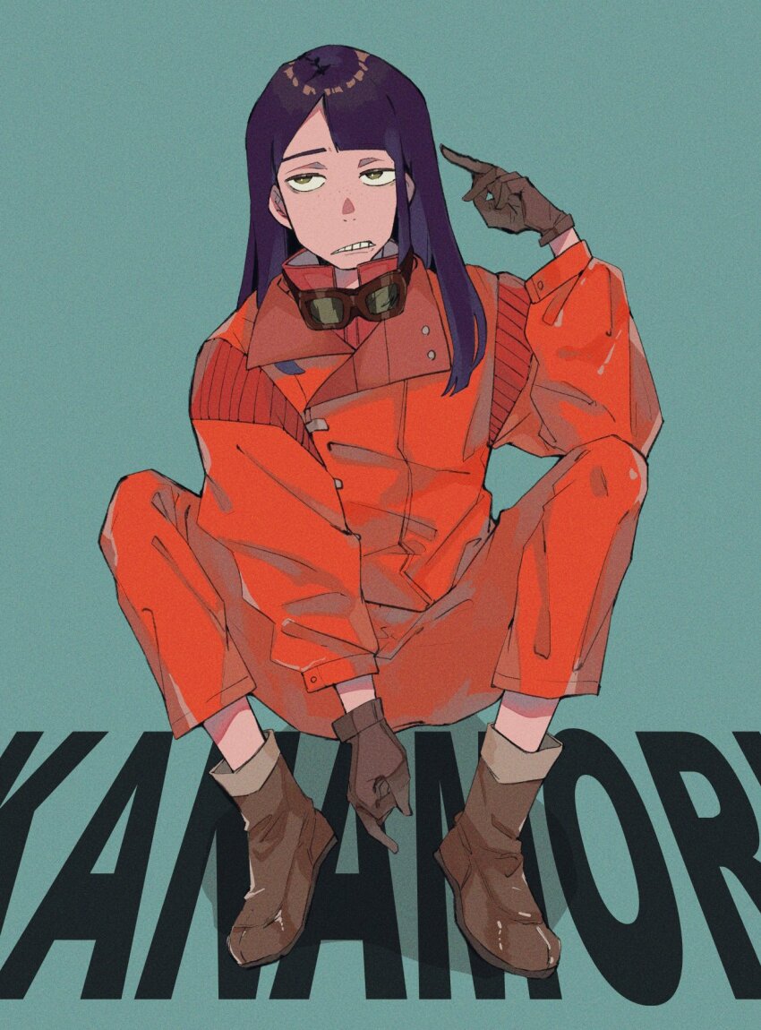 1girl, akira_(manga), asymmetrical_bangs, blue_background, brown_footwear, brown_gloves, character_name, cosplay