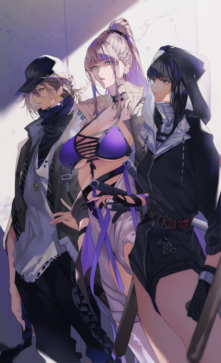 1boy, 2girls, absurdres, bai_yi_(path_to_nowhere), belt, black_hair, blonde_hair, che_(path_to_nowhere)