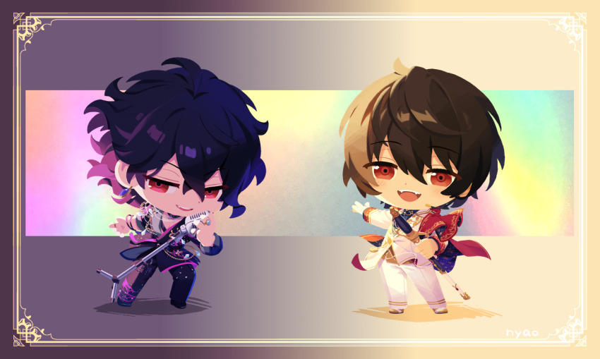 2boys, artist_name, bishounen, black_hair, border, brothers, chibi, chibi_only