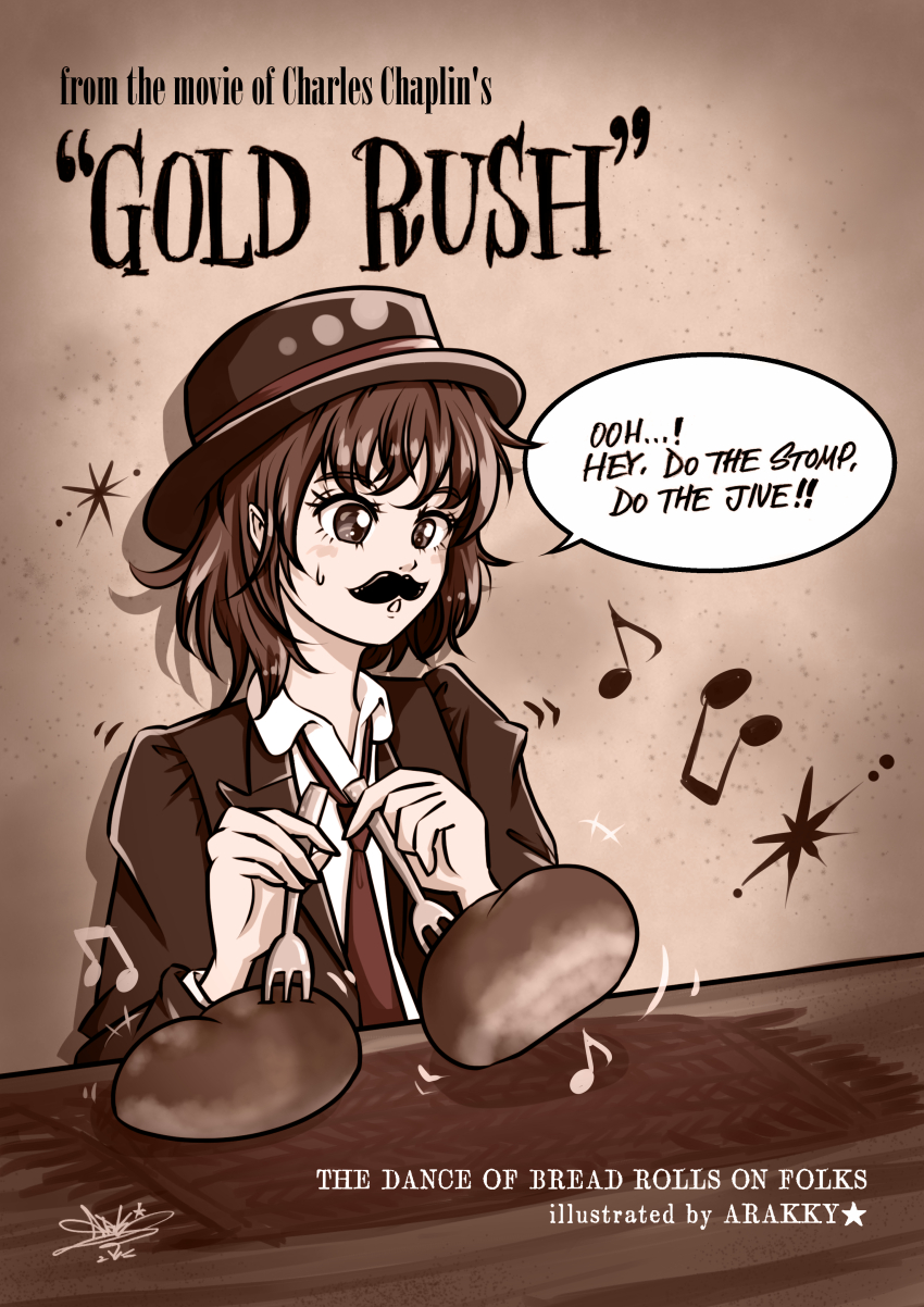 1girl, absurdres, arakky, bread, character_name, charlie_chaplin, charlie_chaplin_(cosplay), collared_shirt