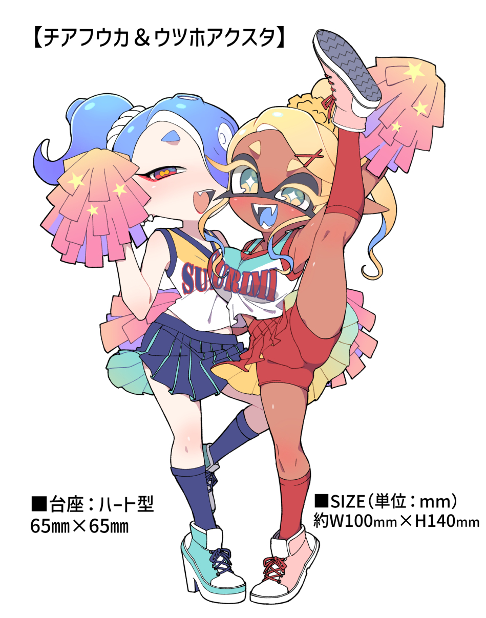 2girls, alternate_costume, alternate_hairstyle, blonde_hair, blue_hair, breasts, bright_pupils, cheerleader