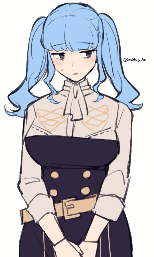 1girl, alternate_costume, alternate_hairstyle, ascot, belt, belt_buckle, blue_hair, blush