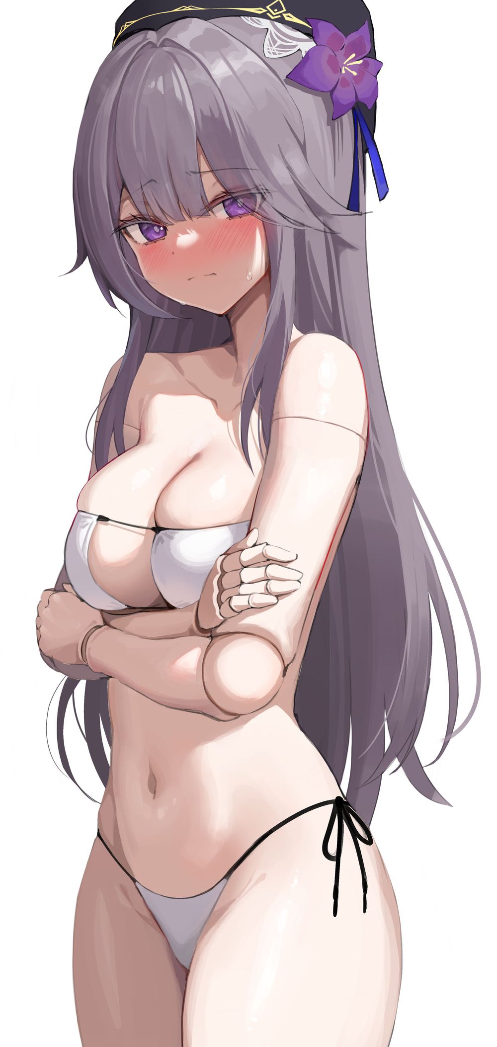 1girl, beret, bikini, blush, breasts, cleavage, doll_joints, flower