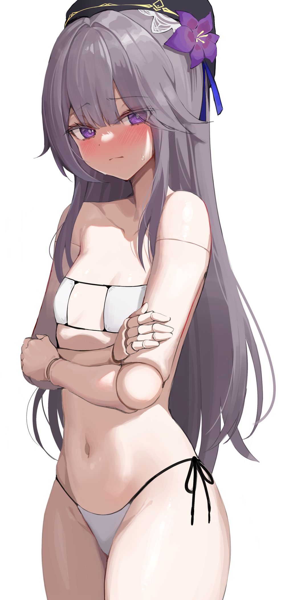 1girl, beret, bikini, blush, breasts, doll_joints, flower, grey_hair, hair_flower, hair_ornament, hat, herta_(puppet)_(honkai:_star_rail), highres, honkai:_star_rail, honkai_(series), joints, kokono_(kokonokami), long_hair, looking_at_viewer, mixed-language_commentary, navel, purple_eyes, simple_background, small_breasts, solo, sweatdrop, swimsuit, variant_set, white_background, white_bikini