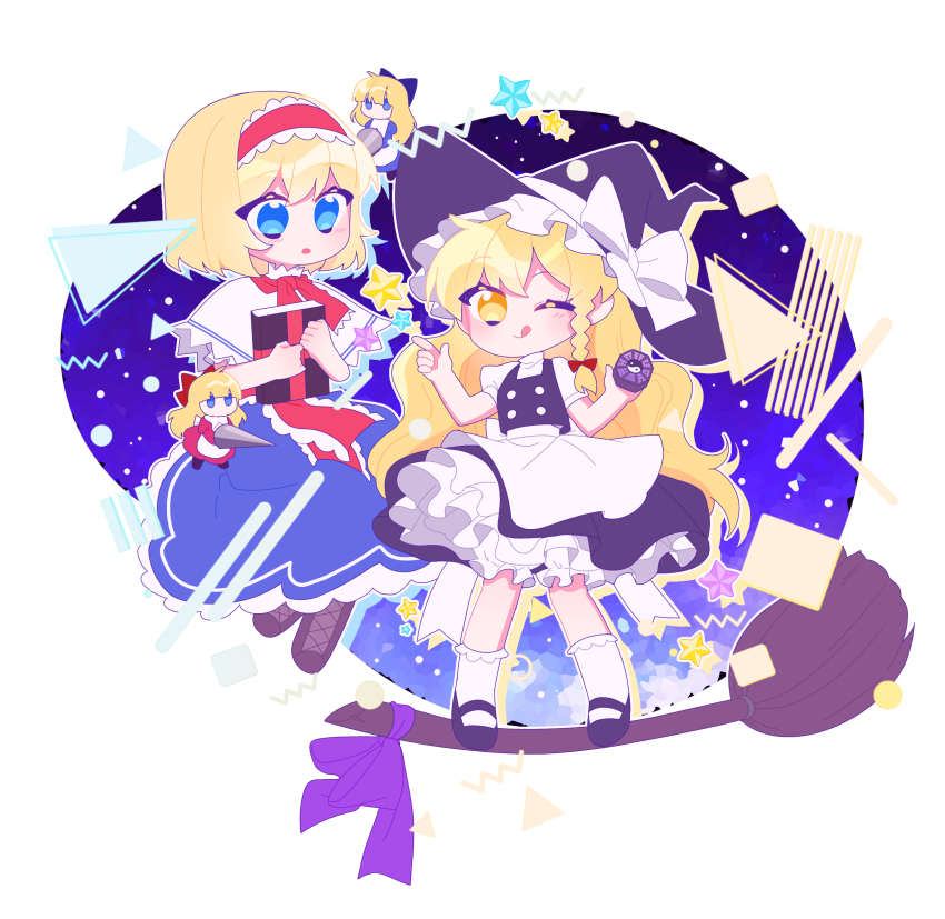 2girls, :q, absurdres, alice_margatroid, apron, black_vest, blonde_hair, blue_bow, blue_dress, blue_eyes, book, bow, braid, broom, broom_surfing, capelet, circle, commentary_request, doll, dress, frilled_hairband, frills, grimoire_of_alice, hair_bow, hairband, hat, hat_bow, highres, holding, holding_book, holding_polearm, holding_weapon, kirisame_marisa, korean_commentary, lance, light_blush, lolita_hairband, long_hair, looking_at_another, looking_at_viewer, mini-hakkero, multiple_girls, one_eye_closed, open_mouth, polearm, rectangle, red_bow, shanghai_doll, shoes, short_sleeves, side_braid, single_braid, smile, socks, star_(symbol), toichou_butterfly, tongue, tongue_out, touhou, triangle, very_long_hair, vest, waist_apron, weapon, white_apron, white_bow, white_capelet, white_socks, witch_hat, yellow_eyes, yin_yang