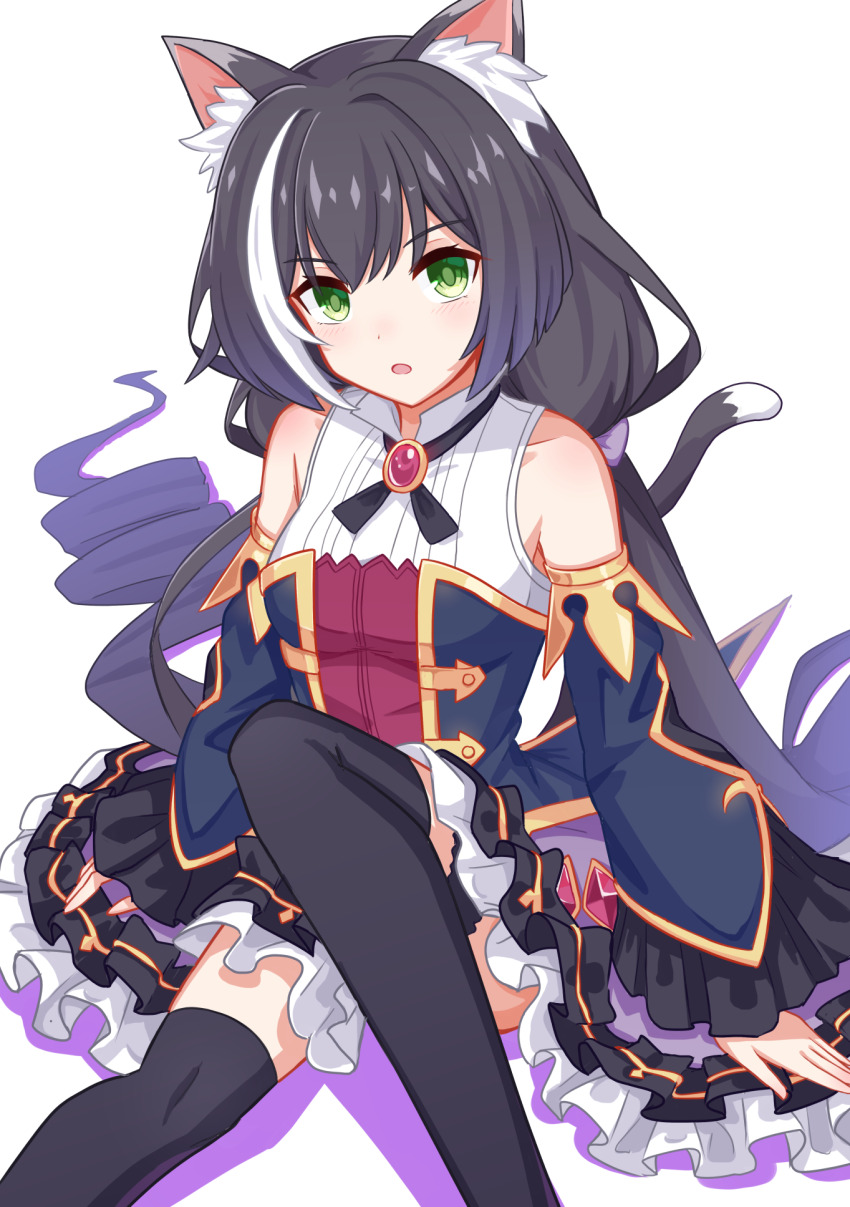 1girl, animal_ear_fluff, animal_ears, black_hair, cat_ears, cat_girl, cat_tail, detached_sleeves, floom_(zeal_fool), frills, green_eyes, highres, karyl_(princess_connect!), low_twintails, multicolored_hair, princess_connect!, solo, streaked_hair, tail, thighhighs, twintails, white_hair