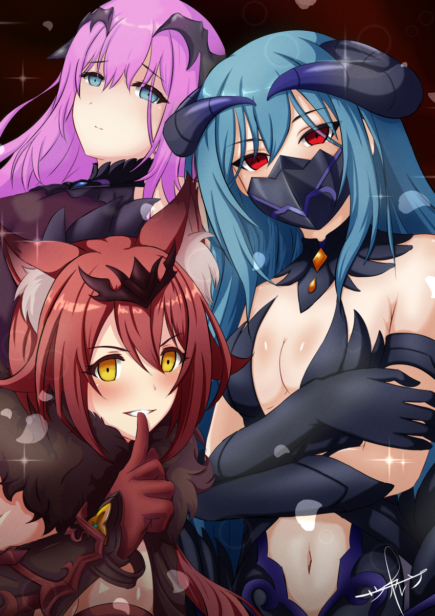 3girls, absurdres, aira_(princess_connect!), arm_strap, armor, bikini_armor, breasts, brown_gloves, ciaren, cleavage, clothing_cutout, demon_girl, demon_horns, dress, eris_(princess_connect!), fur_collar, gloves, hair_between_eyes, headpiece, highres, horns, mask, mouth_mask, multiple_girls, navel_cutout, orange_eyes, princess_connect!, purple_hair, shinatsu_(princess_connect!), straight_hair, tight_clothes, tight_dress, uneven_eyes