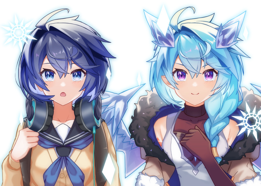 2girls, blue_hair, blue_wings, braid, braided_ponytail, brown_cardigan, cardigan, coat