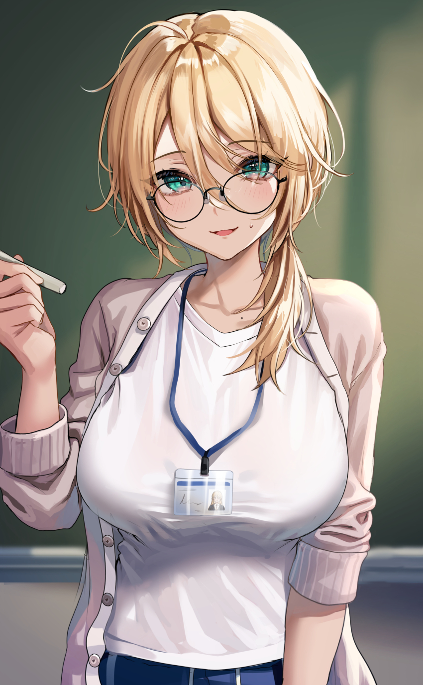 1girl, absurdres, black-framed_eyewear, blonde_hair, breasts, buttons, cardigan, chalk